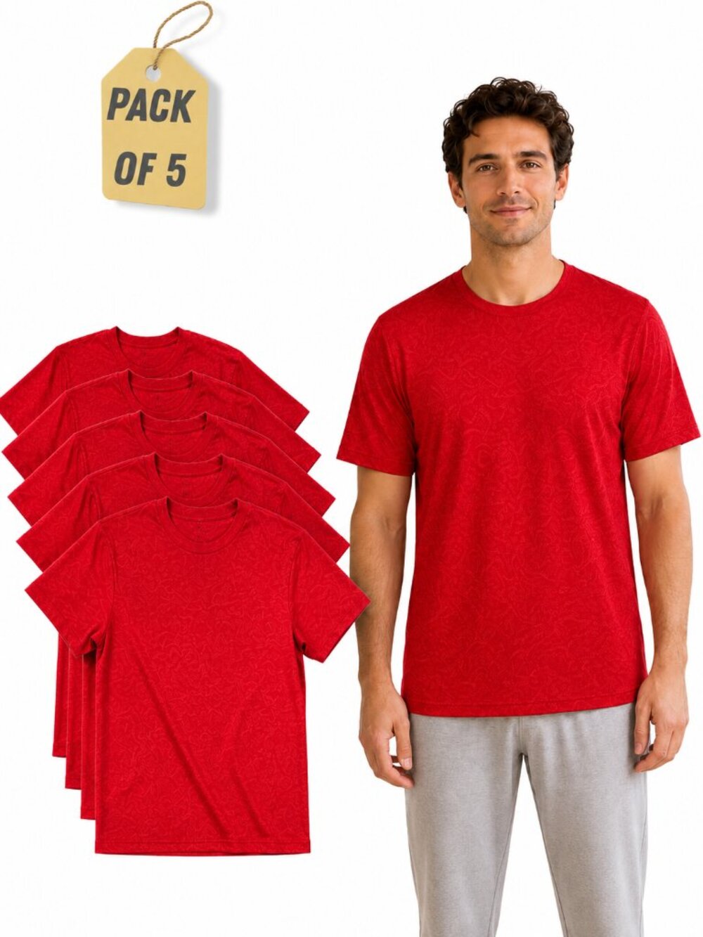 Men's 5-Pack Red Crew Neck T-Shirts, Plain Basic Short Sleeve Tee Bundle